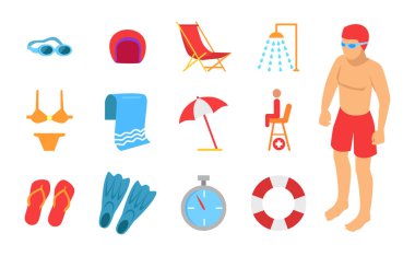 Genç adam ekipman simgesi yüzme ile çevrili