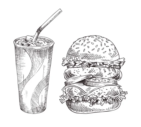 冷たいソフト飲料と巨大なハンバーガー グラフィック アート — ストックベクタ