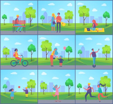 Çocuklar parkta oynarken vektör çizim ayarla