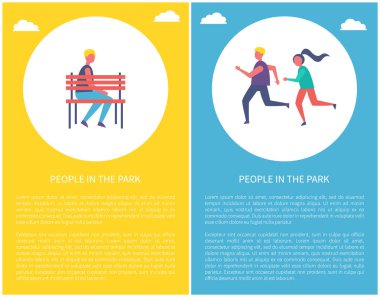 Park poster çocuğu yalnız tezgah, erkek ve kadın koşu üzerinde oturan insanlar, sportif koşucular afiş metin ile bir dairede vektör. Temiz hava vakit çocuklar