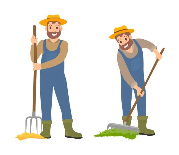 Farming People with Rake Set Vector Illustration — Stock Vector