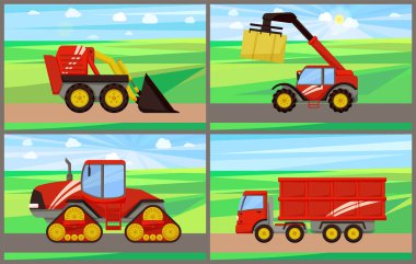 Yükleyici ve tahıl kamyon vektör çizim ayarla