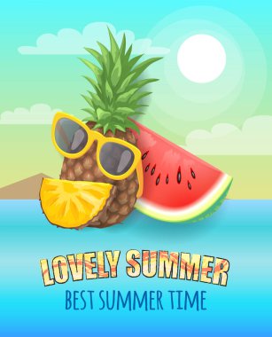 En iyi ve güzel yaz saati afiş, vektör afişini örnek. Güneş gözlüğü bulut peyzaj izole karpuz ve meyve bir parça ile bütün ananas