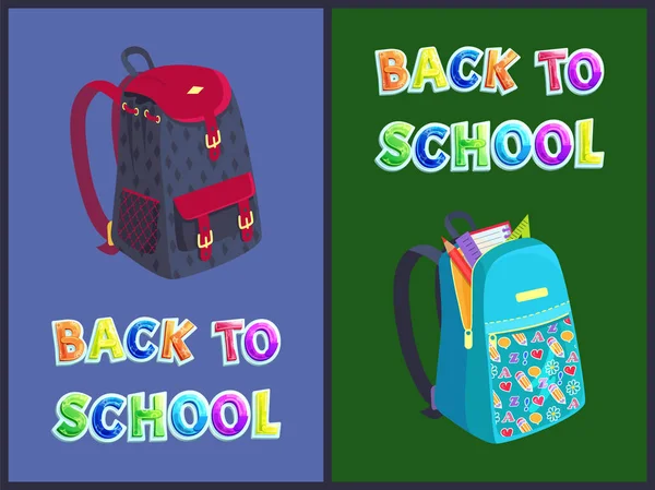 Zpět na plakáty školní taška Set vektorové ilustrace — Stockový vektor