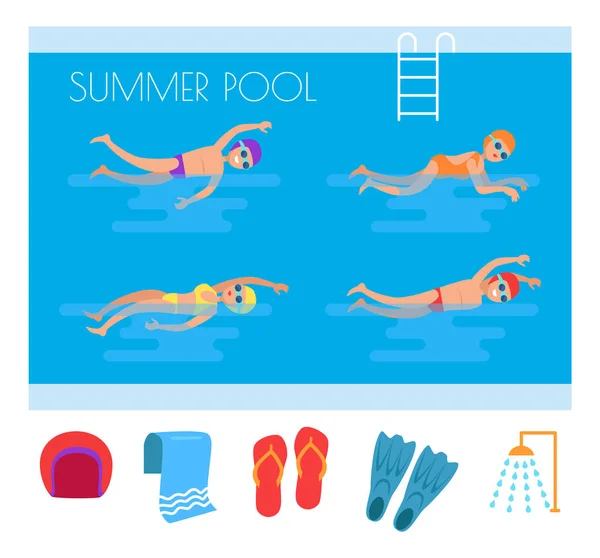 Sommer Pool Menschen und Symbole Vektor Illustration — Stockvektor