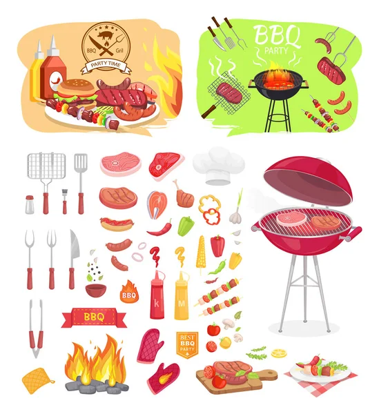 BBQ Grill Party Time ícones conjunto ilustração vetorial —  Vetores de Stock