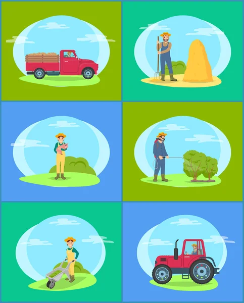 Illustrazione vettoriale del set di persone e camion agricoli — Vettoriale Stock