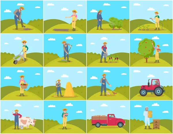 Αγρότης με χοίρων και αγελάδων οριστεί εικονογράφηση διάνυσμα — Διανυσματικό Αρχείο