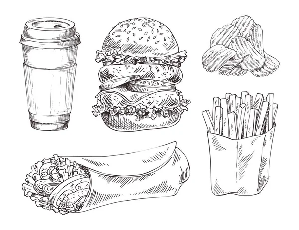 Set fast food disegnato a mano vettore schizzo monocromatico — Vettoriale Stock