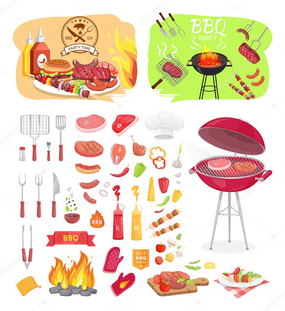 BBQ Grill Party Time Icons Set Vector Illustration