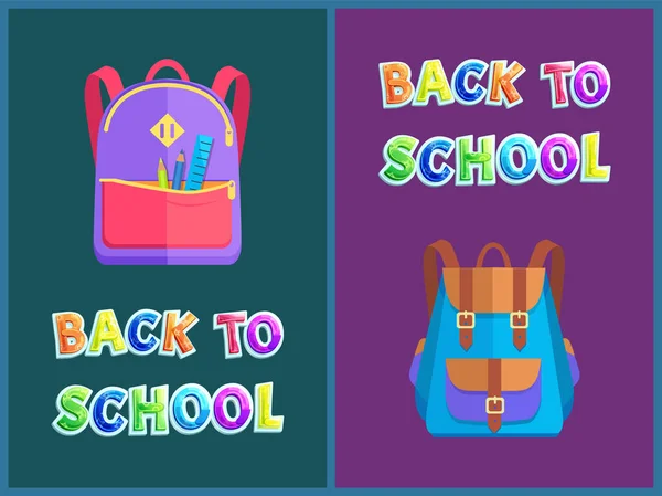 Posters de volta à escola com mochilas para alunos — Vetor de Stock