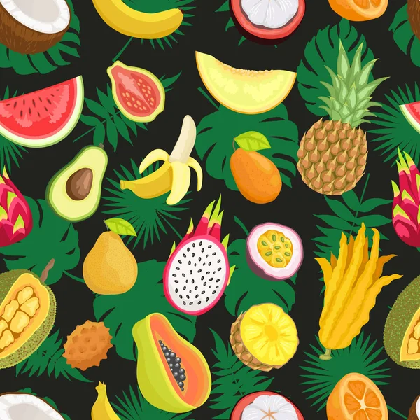 Tropical Exotic Fruits Green Leaf Seamless Pattern — Stock Vector