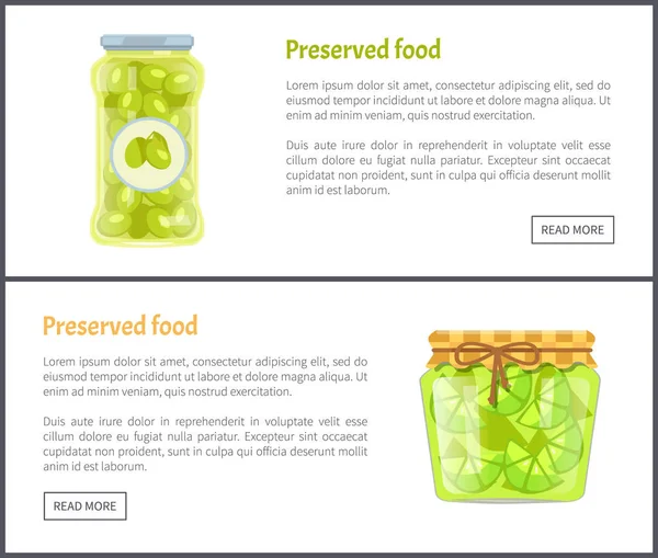 Conserver Nourriture Dans Des Bocaux Web Bannières Internet Ensemble Olives — Image vectorielle