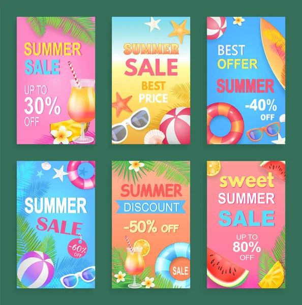Summer Sale Offers Posters Set Vector Illustration — Stock Vector