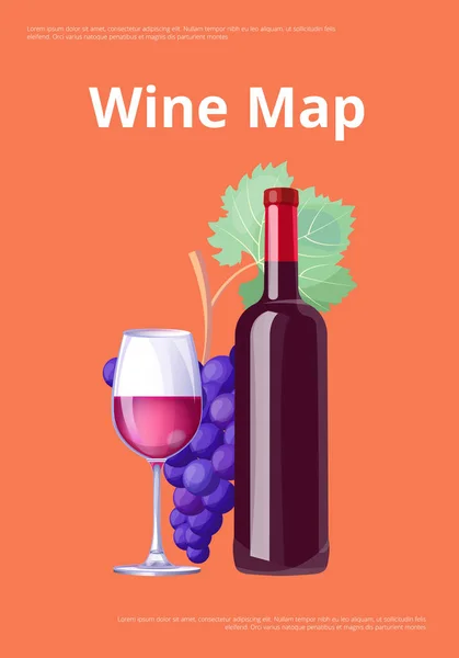 Şarap harita Poster kırmızı şarap şişe ve cam Merlot — Stok Vektör