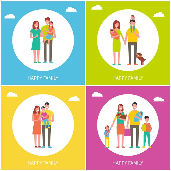 Šťastné rodiny sadu plakátů vektorové ilustrace — Stockový vektor
