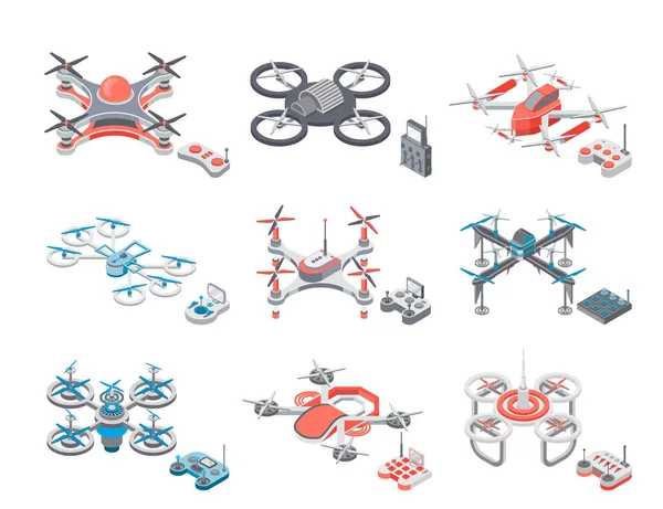 Drone vuelo ítems iconos conjunto vector ilustración — Vector de stock