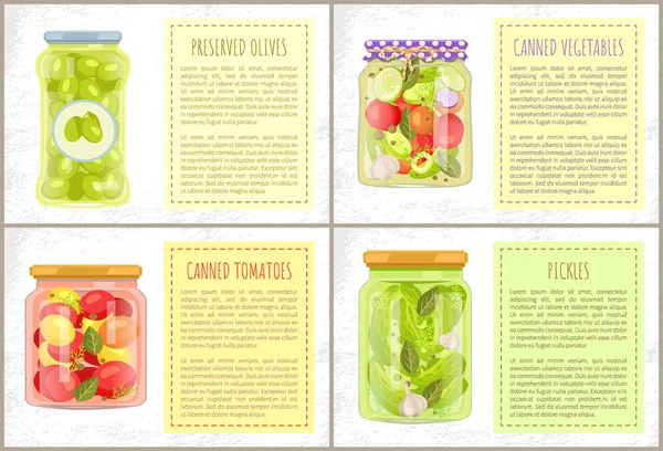 Aceitunas Tomates Conservas o Conservas Vegetales — Vector de stock