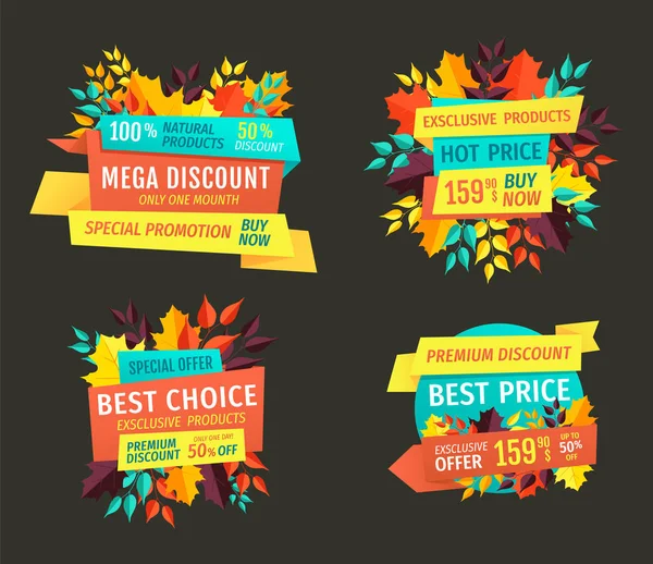 Mega Fall Discount on Exclusive Products Emblems — Stock Vector