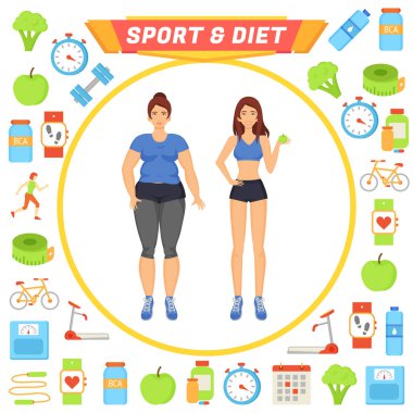 Spor ve diyet simgeler ve Bayan vektör çizim
