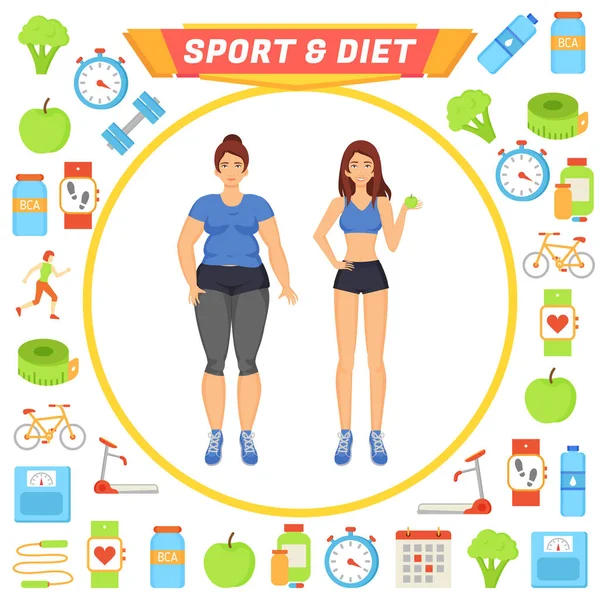 Sport and Diet Icons and Lady Vector Illustration — Stock Vector