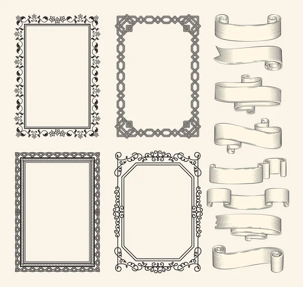 Frames and ribbons vector monochrome sketch set — Stock Vector