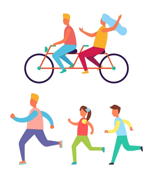Jazda na rowerze para rodzina wektor ilustracja Jogging — Wektor stockowy