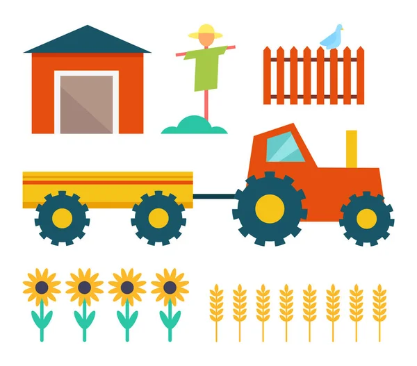 Tractor de granja e ilustración vectorial del edificio — Archivo Imágenes Vectoriales