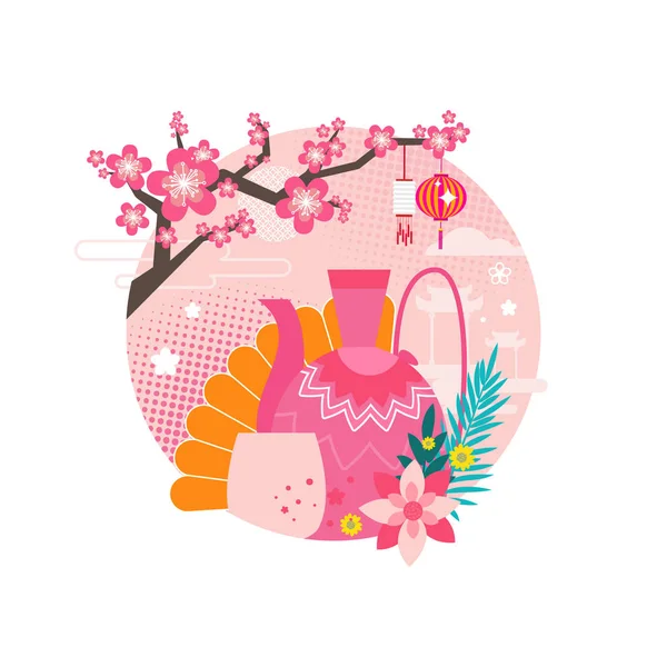 Mid Autumn Festival Circle Floral Elements Items Set Sakura Branch — Stock Vector