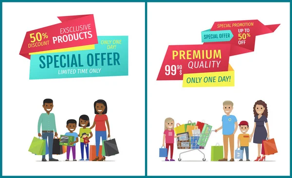 Oferta especial banner vectorial con la gente de compras — Vector de stock