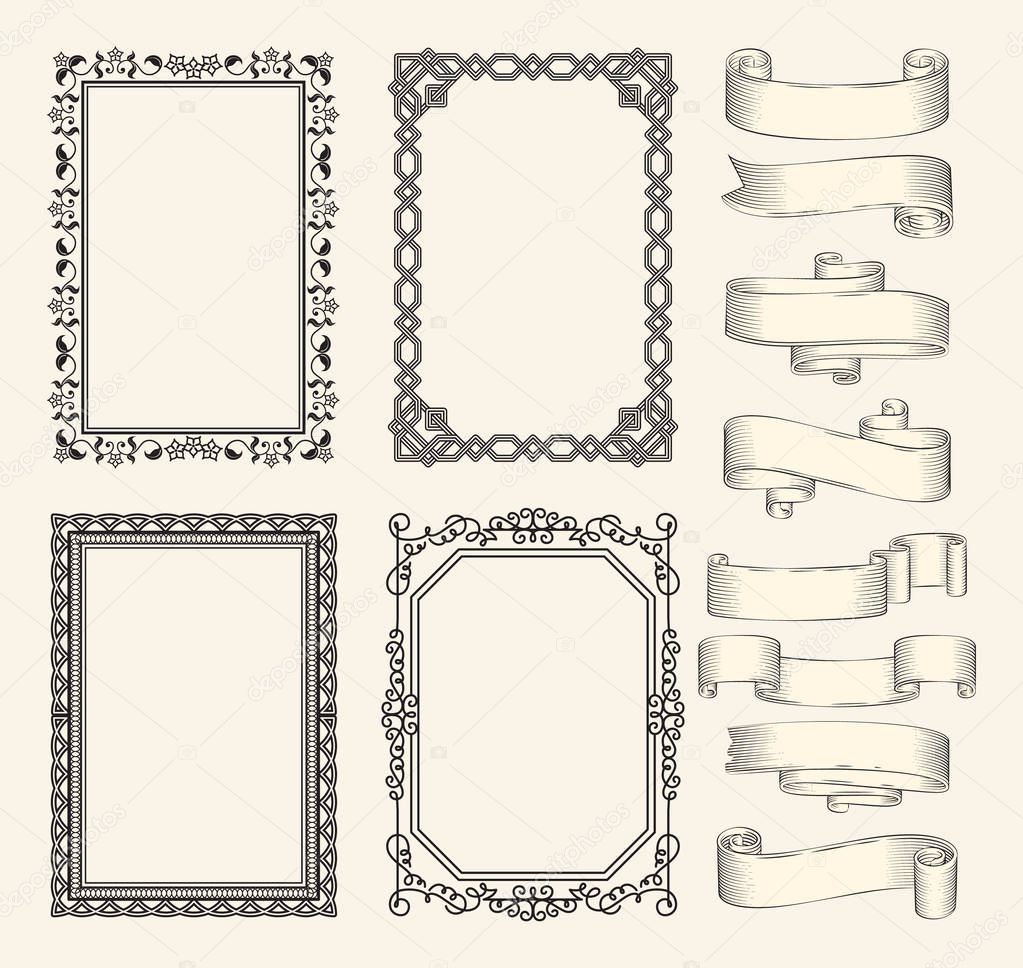 Frames and ribbons vector monochrome sketch set