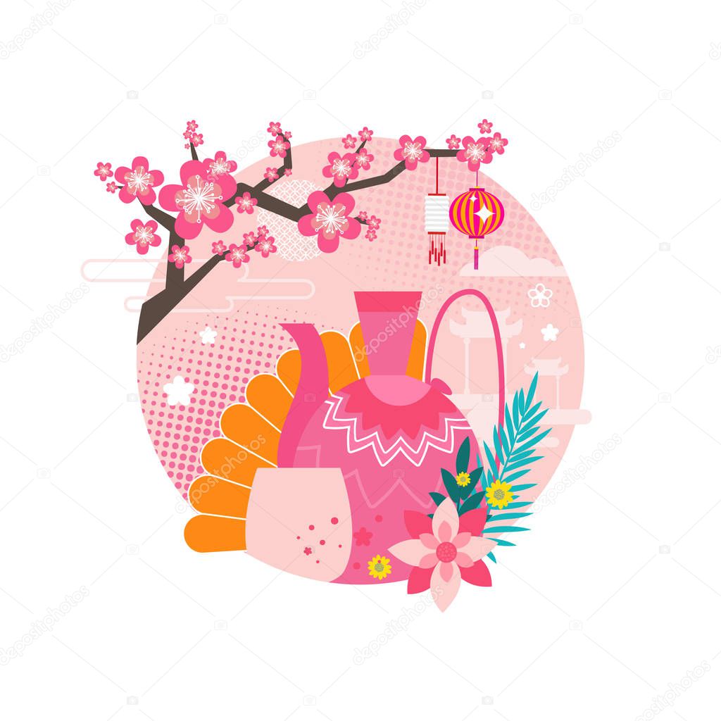 Mid autumn festival circle with floral elements and items set. Sakura branch and flowers teapot with cup and architecture buildings isolated  vector