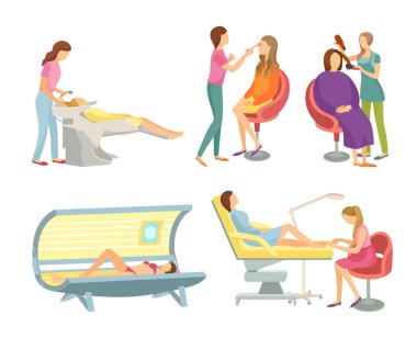 Spa salonu saç yıkama ve saç şekillendirme vektör ayarla