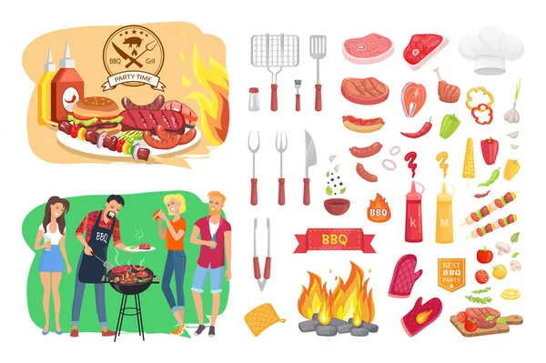 Fiesta barbacoa tiempo Icon Set cartel Vector ilustración — Archivo Imágenes Vectoriales