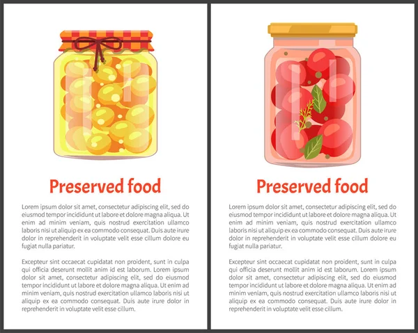 Poster alimentari conservati con frutta o verdura — Vettoriale Stock