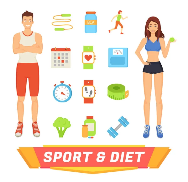 Desporto e Dieta Pessoas Ícones Vector Ilustração — Vetor de Stock