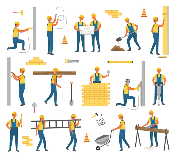 Vector de conjunto de trabajadores de construcción y plan de trabajo — Vector de stock