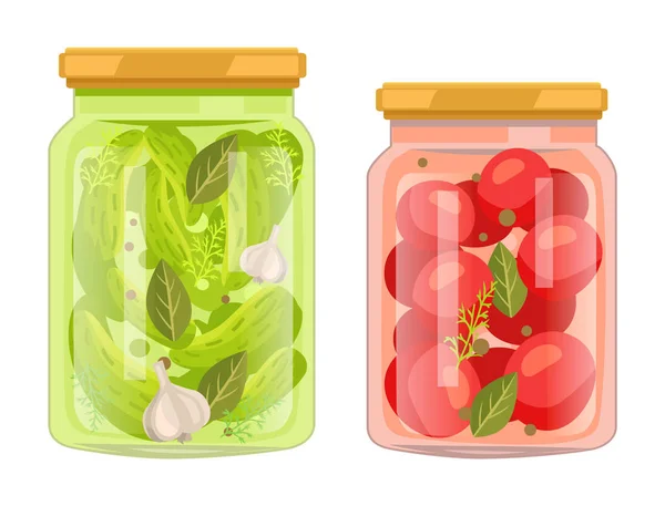 Marinades et tomates en conserve avec bouteilles de feuilles de laurier — Image vectorielle