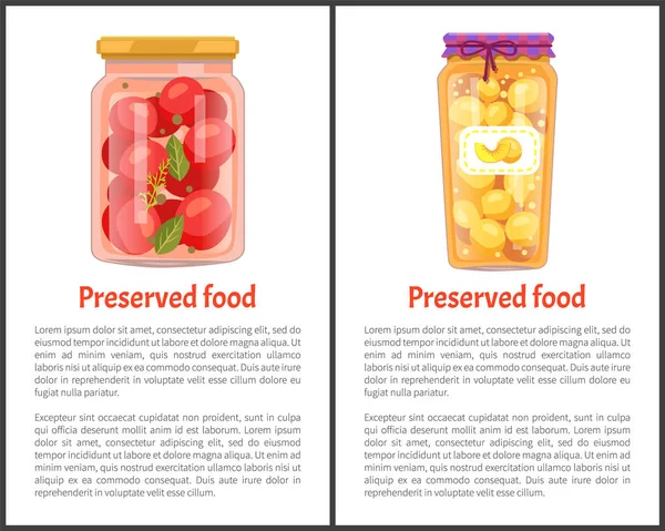 Bannières alimentaires en conserve avec tomates et pêches — Image vectorielle