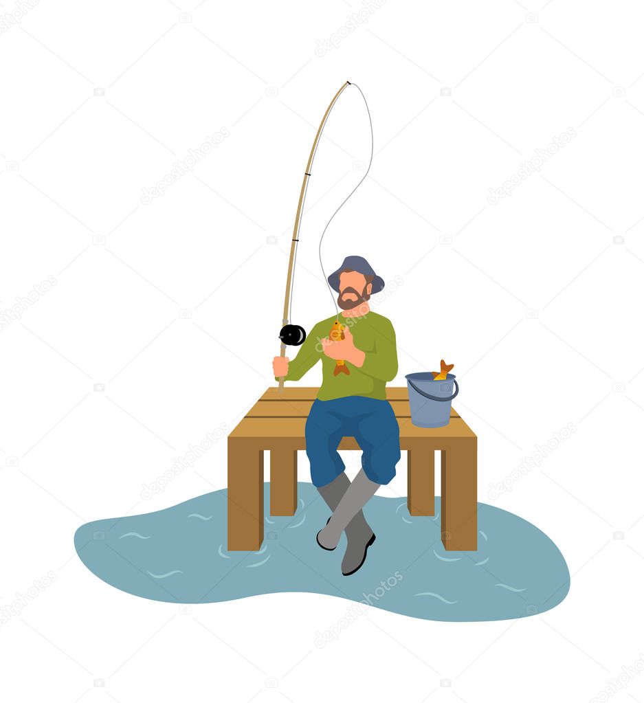 Fisherman with Fishing Rod and Fish Vector Sketch