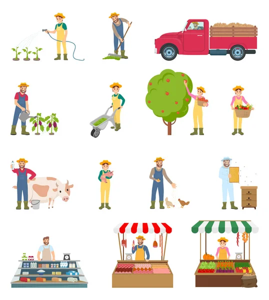 Granjero trabajo agricultura conjunto vector ilustración — Vector de stock