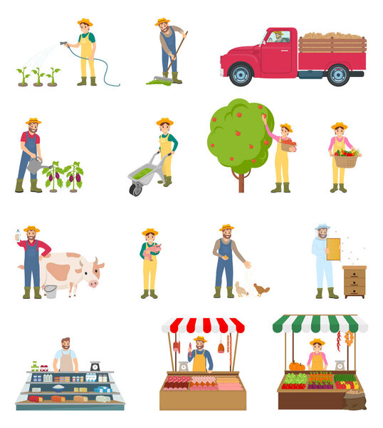 Farmer Work Agriculture Set Vector Illustration