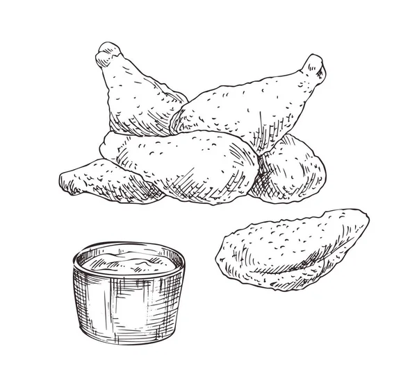 Alitas de pollo dibujadas a mano vector boceto monocromo — Vector de stock