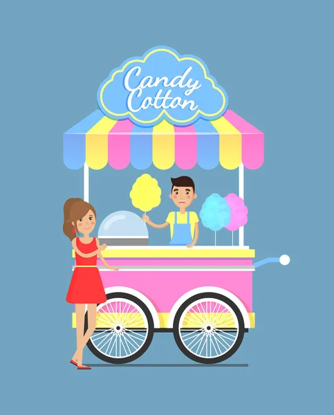 Carro de calle brillante con sabroso algodón dulce de caramelo — Vector de stock