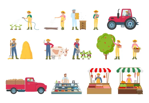 Granjero trabajo agricultura conjunto vector ilustración — Vector de stock