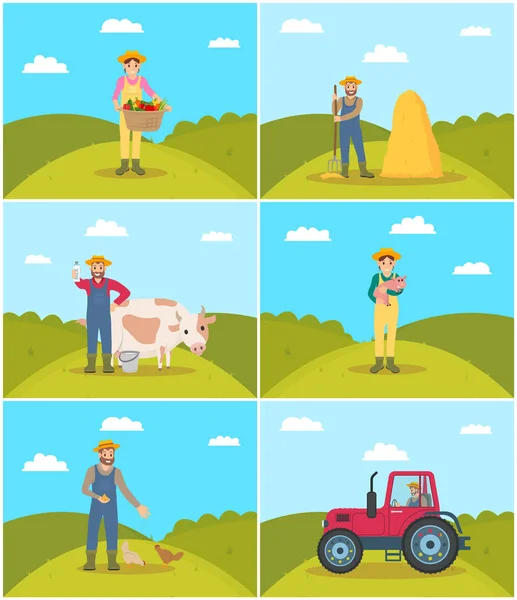 Farmer with Wicker Basket Set Vector Illustration — Stock Vector