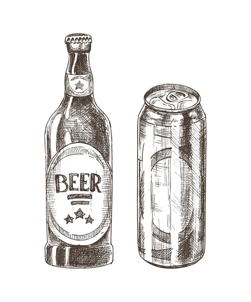 Pivní láhev a mohou izolované na bílém pozadí — Stockový vektor