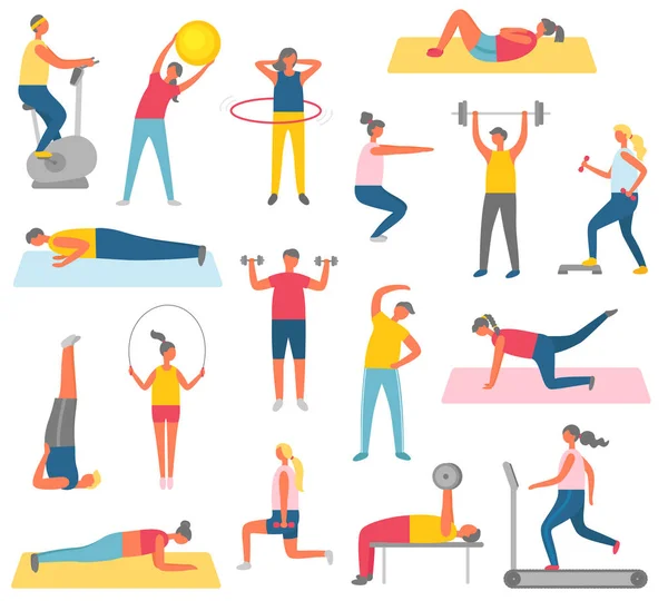Characters Doing Fitness with Sport Equipment — Stock Vector