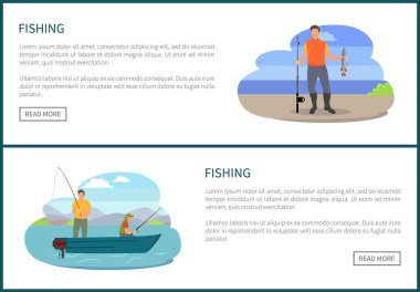 Balıkçılık balıkçılık posterler erkekler illüstrasyon vektör