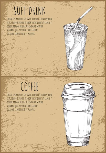 Erfrischungsgetränk und Kaffeetasse monochrome Skizzen — Stockvektor